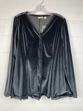 LOGO Lavish by Lori Goldstein Knit Velvet Button Top Black Mesh Trim Sz M NWOT